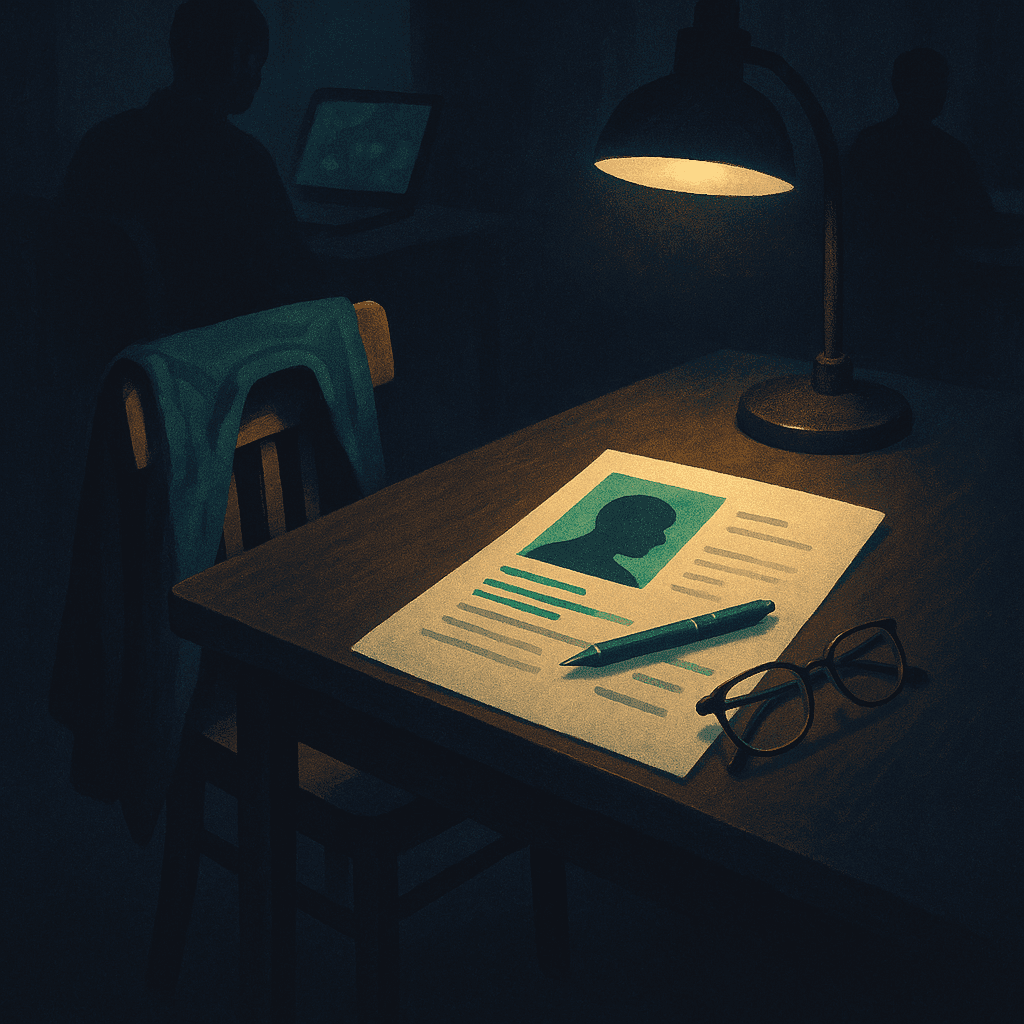 An advisor's desk with a freelancer's profile printout under the lamp