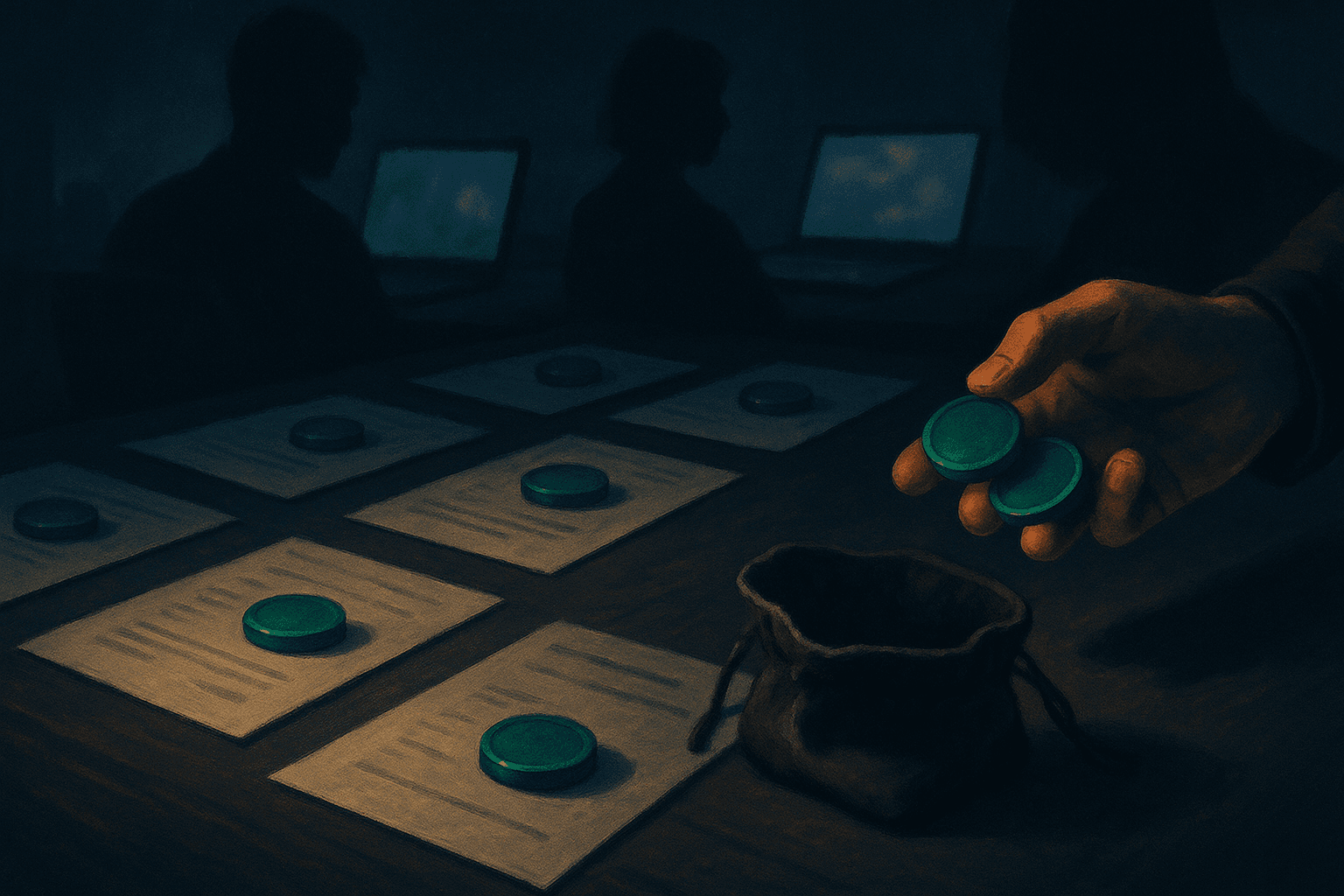 A freelancer's pile of tokens shrinking as bids are placed across job postings