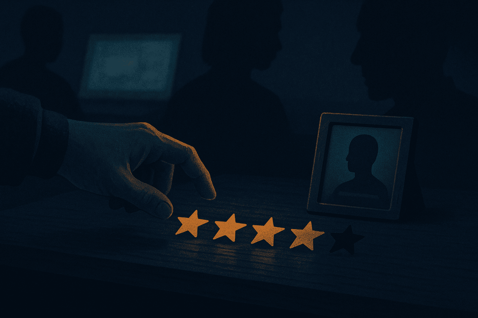 A client's hand hovering over a row of carved stars beside a freelancer's profile card