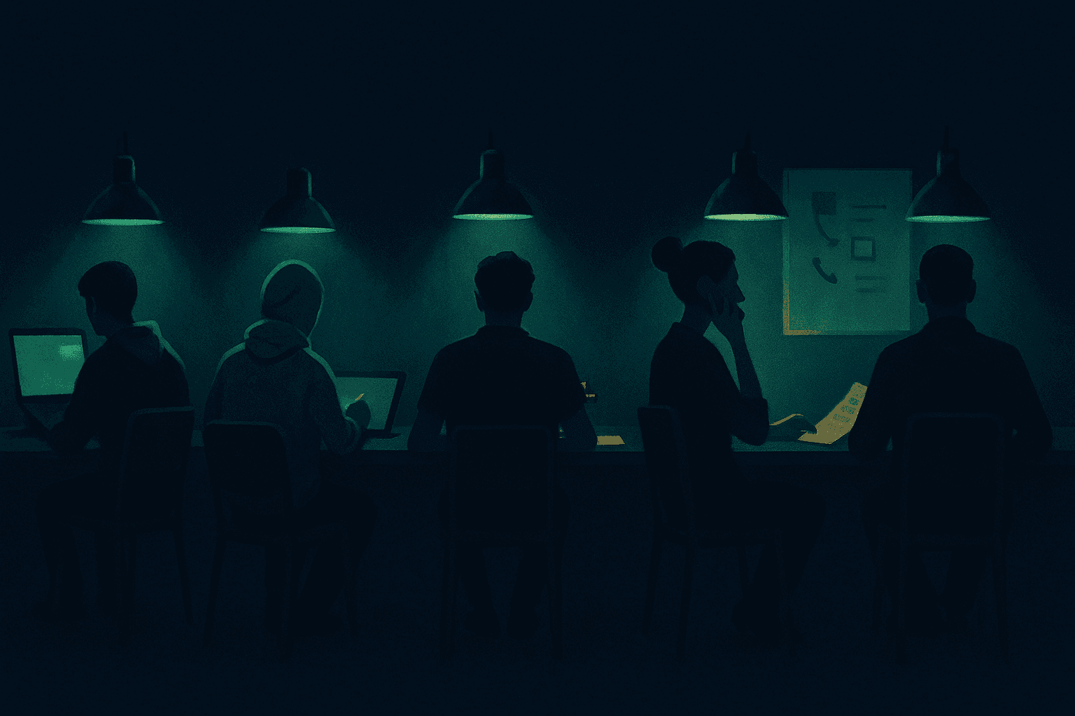 Five freelancers at five desks, each doing different work