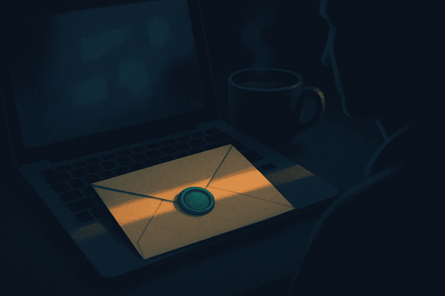 A letter sealed in emerald on a freelancer's keyboard in morning light