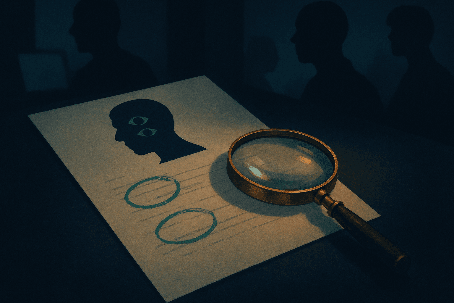 A freelancer's printed profile marked up in emerald under a magnifying glass